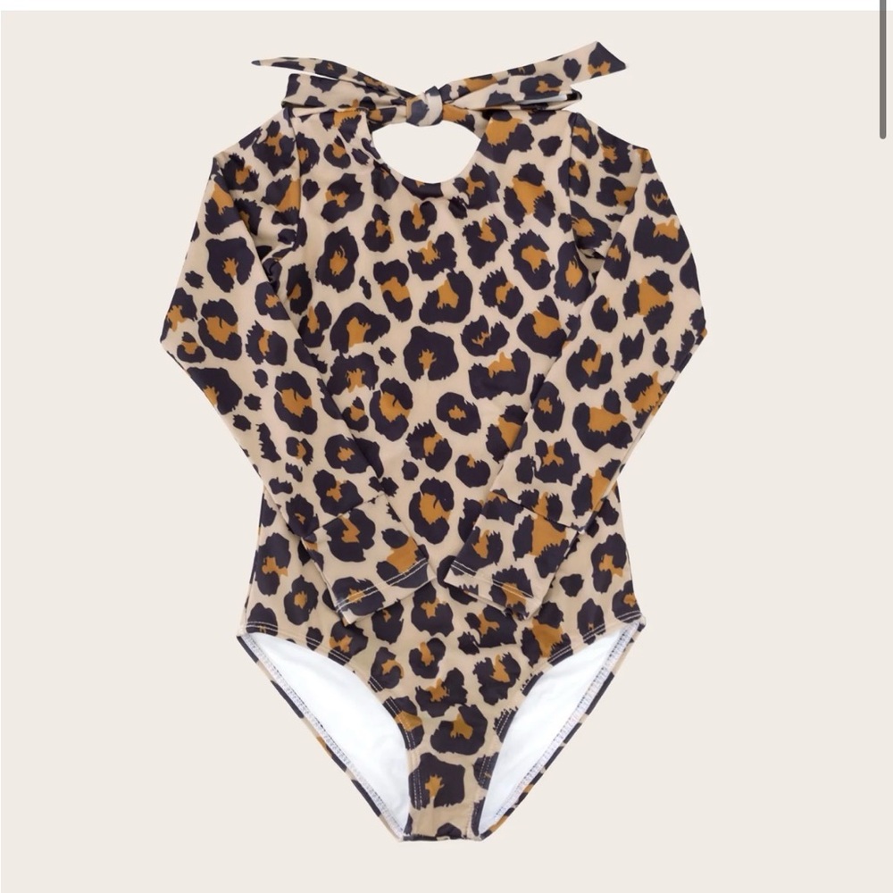 Leopard Print Kids Long Sleeve Swim One Piece
